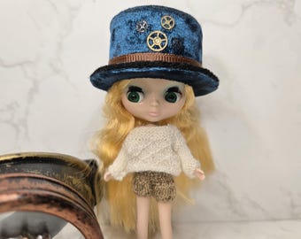 Petite Blythe Doll Hollow Steampunk and Victorian Open Bottom Top Hat Watch Gears w/ Side Feather Various Color Choices