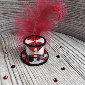 Red White Glitter Checker Harlequin Print Circus Red Feather Rhinestone Tiny Top Hat