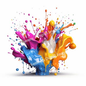May include: A digital artwork depicting a splash of paint in various colours. The image shows an explosion of pink, blue, orange, yellow, and white paint, with droplets and splashes against a white backdrop. The text "Sammy's Digital Images" is visible.