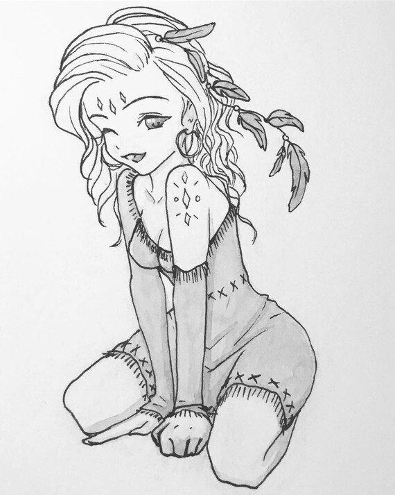 Original A6 Ink Painting , Cute Boho Anime Girl