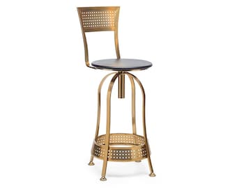 Gold Black Swivel Kitchen Bar Stool Counter Chair with High Back Height Adjustable Wooden Metal