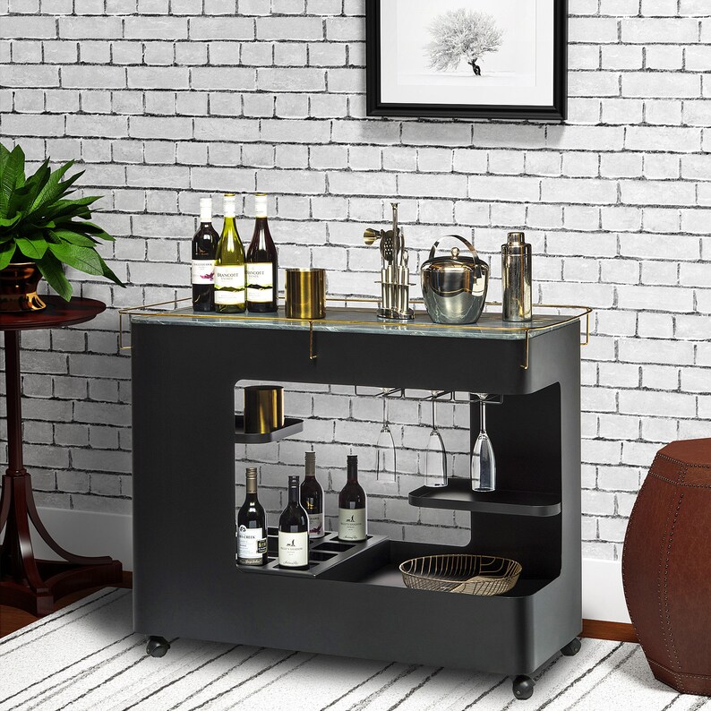 Black Gold Bar Cart Drinks Trolley Contemporary Wine Storage