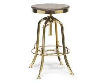 Bar Stool Swivel Height Adjustable Retro Iron Gold Finish Kitchen Dining Counter Stool with Oak Top