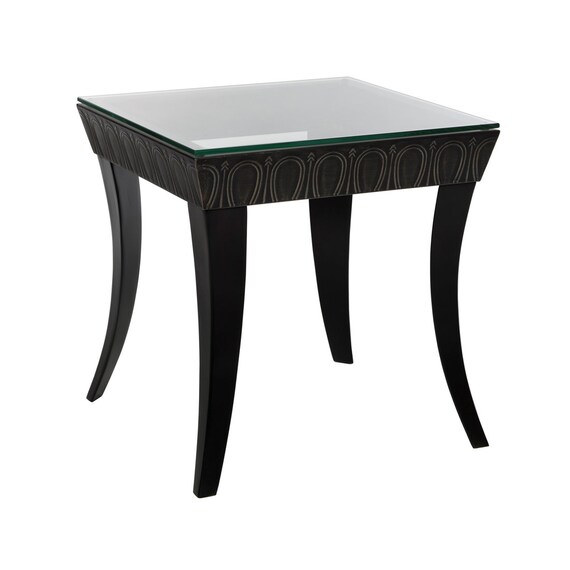 Bedside End Corner Side Table With Engraved Iron Frame And Glass Top