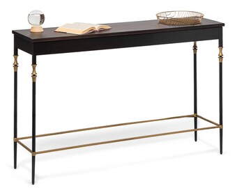 Sleek Gold Black Hallway Console Table with Finial Legs and Wood Top