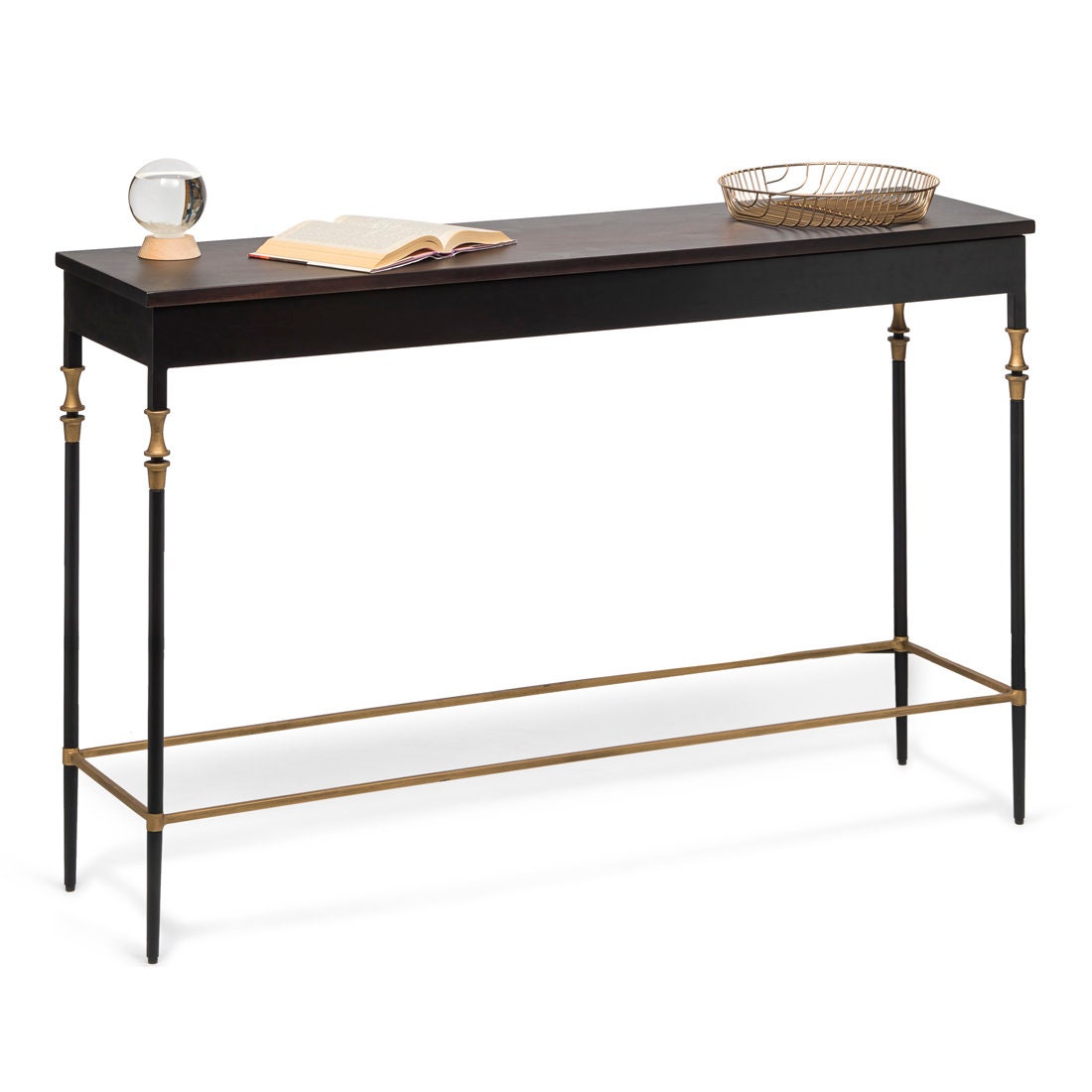 Sleek Gold Black Hallway Console Table With Finial Legs and Wood