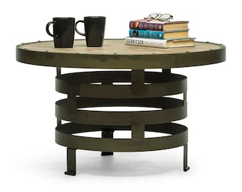 Coffee Table Round Industrial Vintage Wooden Iron Spiral Design Wood Top Table