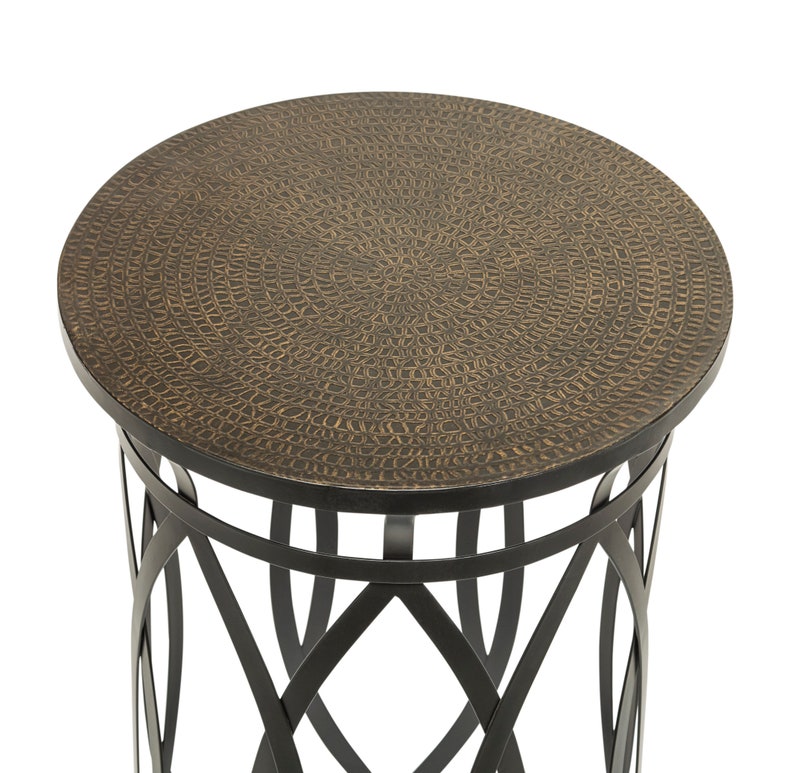 Round Corner End Side Table With Cross Designer Legs and Engraved Black
