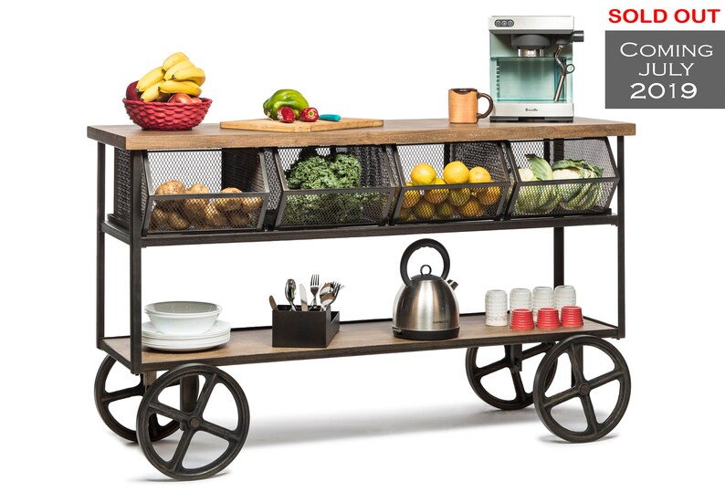 Kitchen Island Wooden Iron Trolley Cart Bench With 4 Drawer Image 0