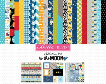 To The Moon 12" x 12" Collection Kit, Bella Blvd, 176gsm 20 Double-Sided Papers, 2 Border & Daily Detail Papers, 1 Doohicky Sticker Sheet