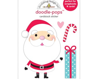 Hello Santa Doodle-Pops Cardstock Sticker, Doodlebug Let It Snow Collection, Kawaii Santa Sticker, Scrapbook Cardmaking Supplies