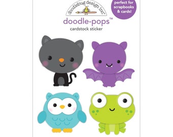 Boo Crew Doodle-Pops Cardstock Stickers, Doodlebug Design, Dimensional Kawaii Owl Cat Bat, Halloween Scrapbooking Craft Cardmaking Supply