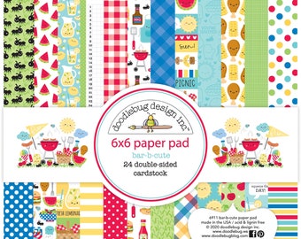 Bar-B-Cute 6" x 6" Paper Pad, Doodlebug Design, 176gsm, 24 Double-Sided Cardstock, Family Barbecue Grill Picnic Themed