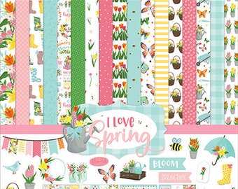 I Love Spring Collection Kit, 12" x 12" Paper Pack, Echo Park Paper, 12 Double-Sided Paper and Element Sticker Sheet