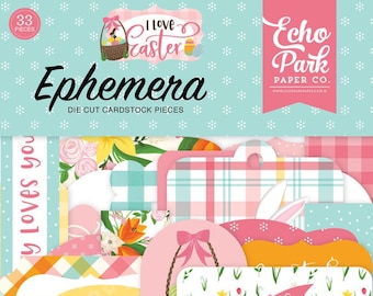 I Love Easter Ephemera Pack, Echo Park Paper Co, 33 Die Cut Cardstock Pieces, Die Cut Shapes, Scrapbooking Supply