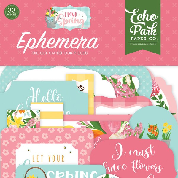 I Love Spring Ephemera Pack, Echo Park Paper Co, 33 Die Cut Cardstock Pieces, Die Cut Shapes, Scrapbooking Supply