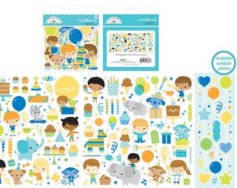 Party Time Ephemera Pack, Doodlebug Design Odds & Ends, Kawaii Birthday Boy Girl Animals, 182 Die Cut Pieces Including Acetate Pieces