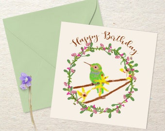 Humming Along Birthday Card, Humming Bird and flowers  square greeting card