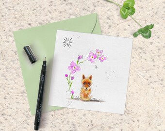 Flower note card, art card, Baby Fox under a flower, great for birthdays or Mother's Day
