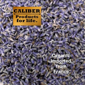 May include: Close-up of dried lavender buds. The lavender is organic and imported from France. The image also includes a logo for Caliber Products for Life.