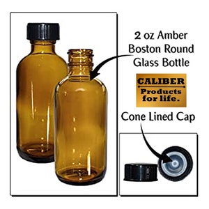 May include: Two amber glass Boston round bottles with black cone lined caps. The bottles are 2 ounces each. The label reads "CALIBER Products for life."