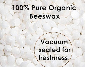 May include: Close-up of white beeswax pellets, 100% pure organic, vacuum sealed for freshness.