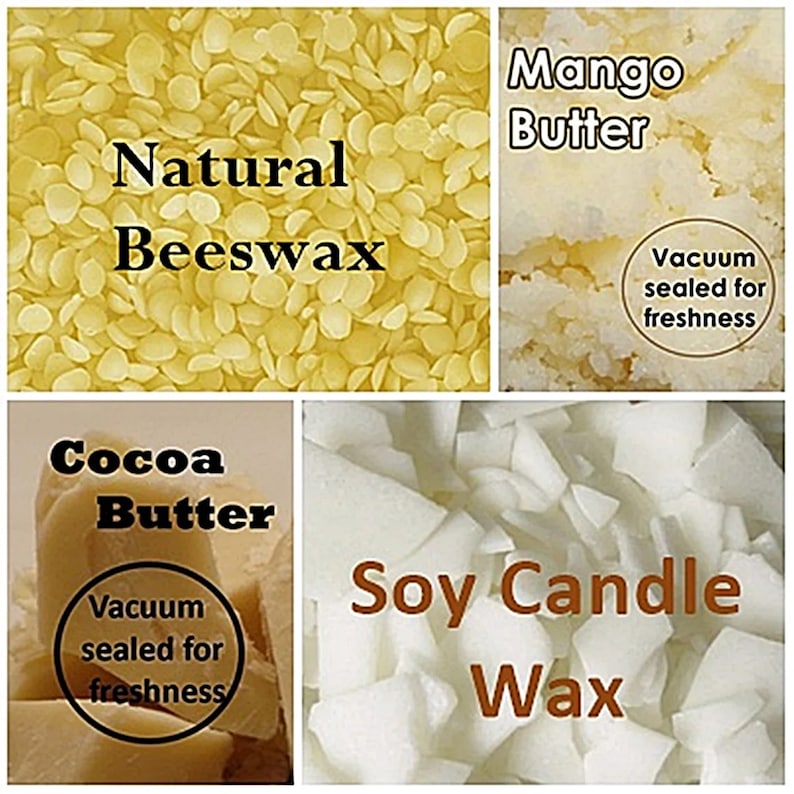 May include: A collage of ingredients for crafting. Includes natural beeswax, mango butter, cocoa butter, and soy candle wax. The mango and cocoa butter are vacuum sealed for freshness. The text on the image reads "Natural Beeswax", "Mango Butter", "Cocoa Butter", and "Soy Candle Wax".