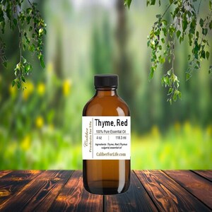 May include: A 4 ounce amber glass bottle of Thyme, Red 100% Pure Essential Oil. The label is white with black text and includes the brand name Caliber Products for Life and the website CaliberForLife.com.