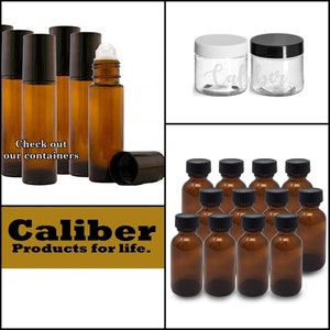 May include: A set of 12 amber glass bottles with black lids. The bottles are 30 ml in size and are perfect for essential oils, tinctures, and other liquids. The bottles are also available in a variety of sizes and colours. Check out our containers. Caliber Products for life.