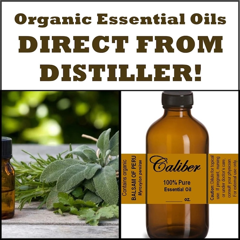 May include: A brown glass bottle of organic Balsam of Peru essential oil, labelled "Caliber 100% Pure Essential Oil" with a green leafy plant in the background.