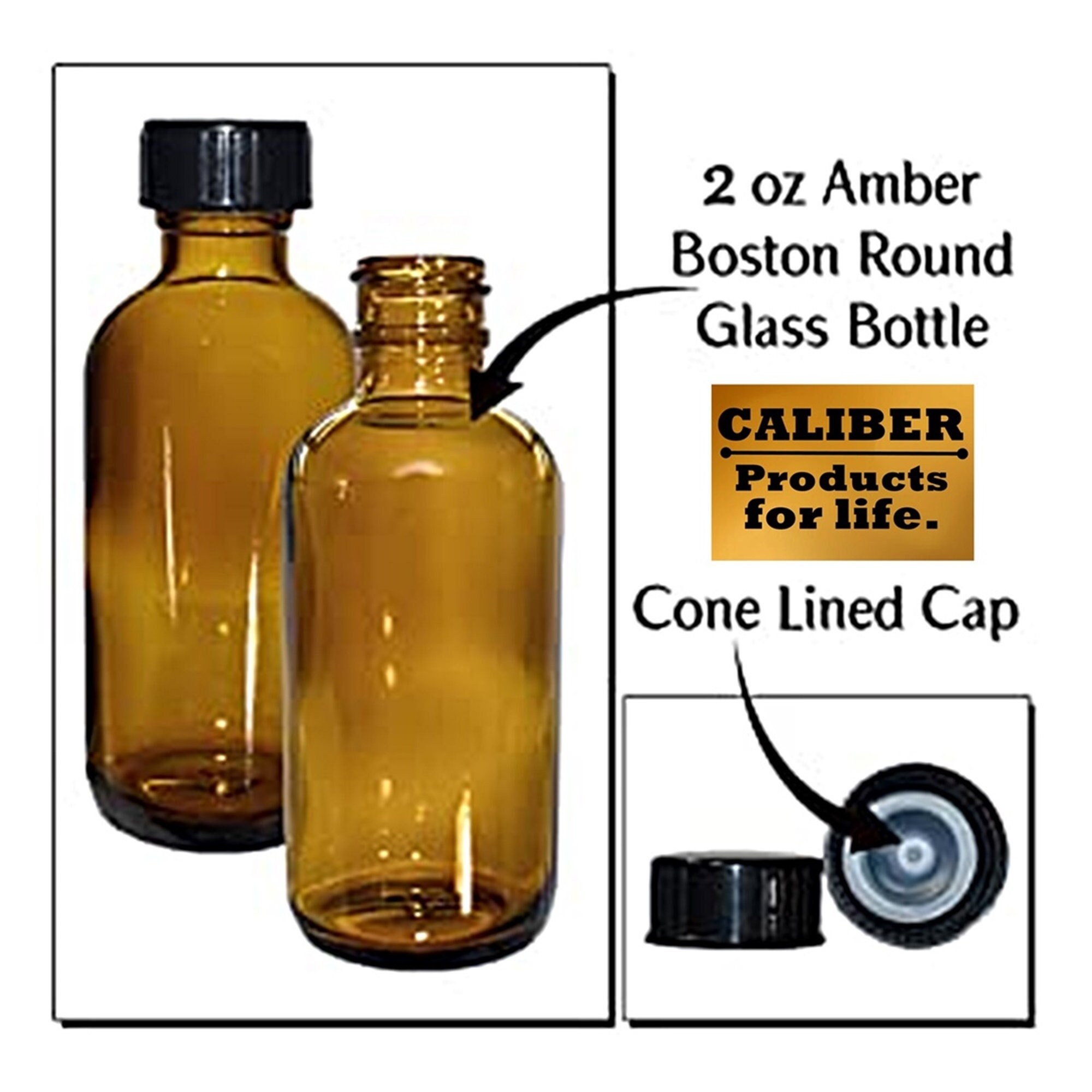 8 oz. Amber Boston Round with Black Poly Cone Cap (24/400) (V4) (V10)