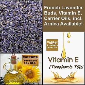 May include: A close-up of dried French lavender buds, a bottle of oil, and a sunflower. The text "Caliber Products for Life" is visible on the bottle and the sunflower. The text "Vitamin E (Tocopherols T50)" is visible in the image.