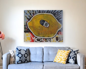 Large Lemon Oil Painting on Panel: Modern Kitchen Art (32x38.5 in)