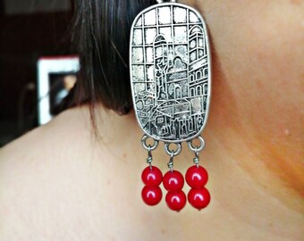 Mayan Earrings, Red Silver tribal Jewelry for women, Landscape Earrings, Honduran Jewelry, Red beads Mexican Earrings, Silver and Red gift