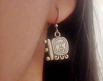 Silver Earrings, Sterling Silver Mayan Jewelry, Small cute earrings for girl, Mayan Glyph, Tiny face sterling silver dangle earrings