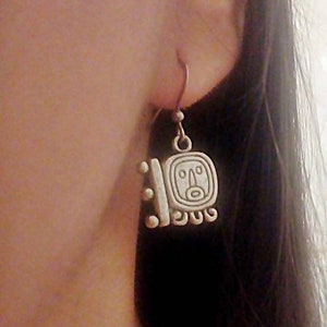 Silver Earrings, Sterling Silver Mayan Jewelry, Small cute earrings for girl, Mayan Glyph, Tiny face sterling silver dangle earrings