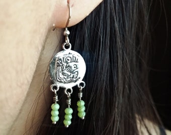 Mayan Earrings for woman, Green Aztec Earrings, green crystals jewelry, Gift for Her, Aztec jewelry, Mexican jewelry, Mayan symbol, Honduras