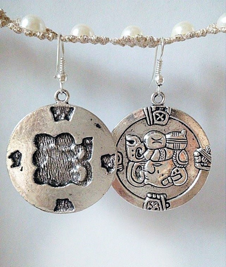 Mayan Silver Earrings, Round Aztec Mexican Round Exotic Earrings, Statement Jewelry for her, Honduran Jewelry, Mayan Jewelry, Guatemala Gift image 8