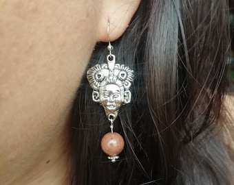 Mayan Earrings, with Brown Jade Bead, Mayan Face Earrings, Native Mexican Aztec Mayan Jewelry