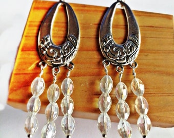 Mayan long Silver Earrings, Boho Clear Crystals Long Silver Earrings, Teardrop Silver Jewelry, Aztec Mayan Jewelry