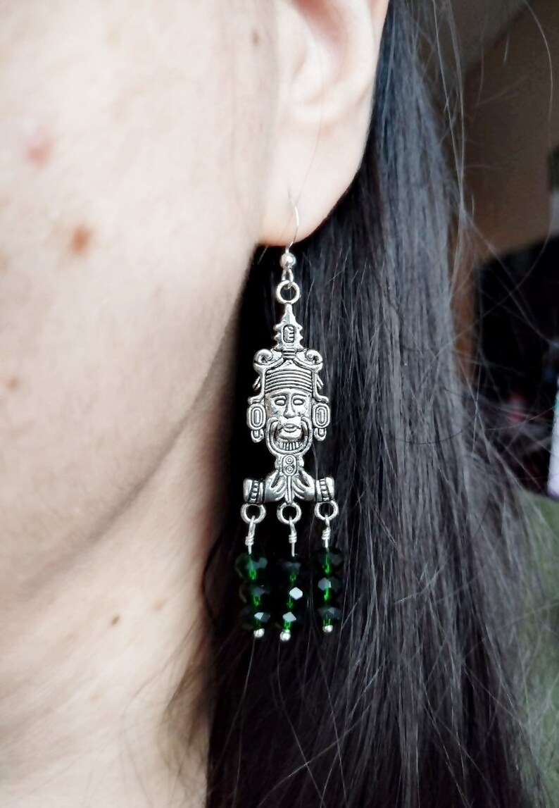Mayan Jade Green Earrings, Mayan Idol Silver Earrings, Deep Green