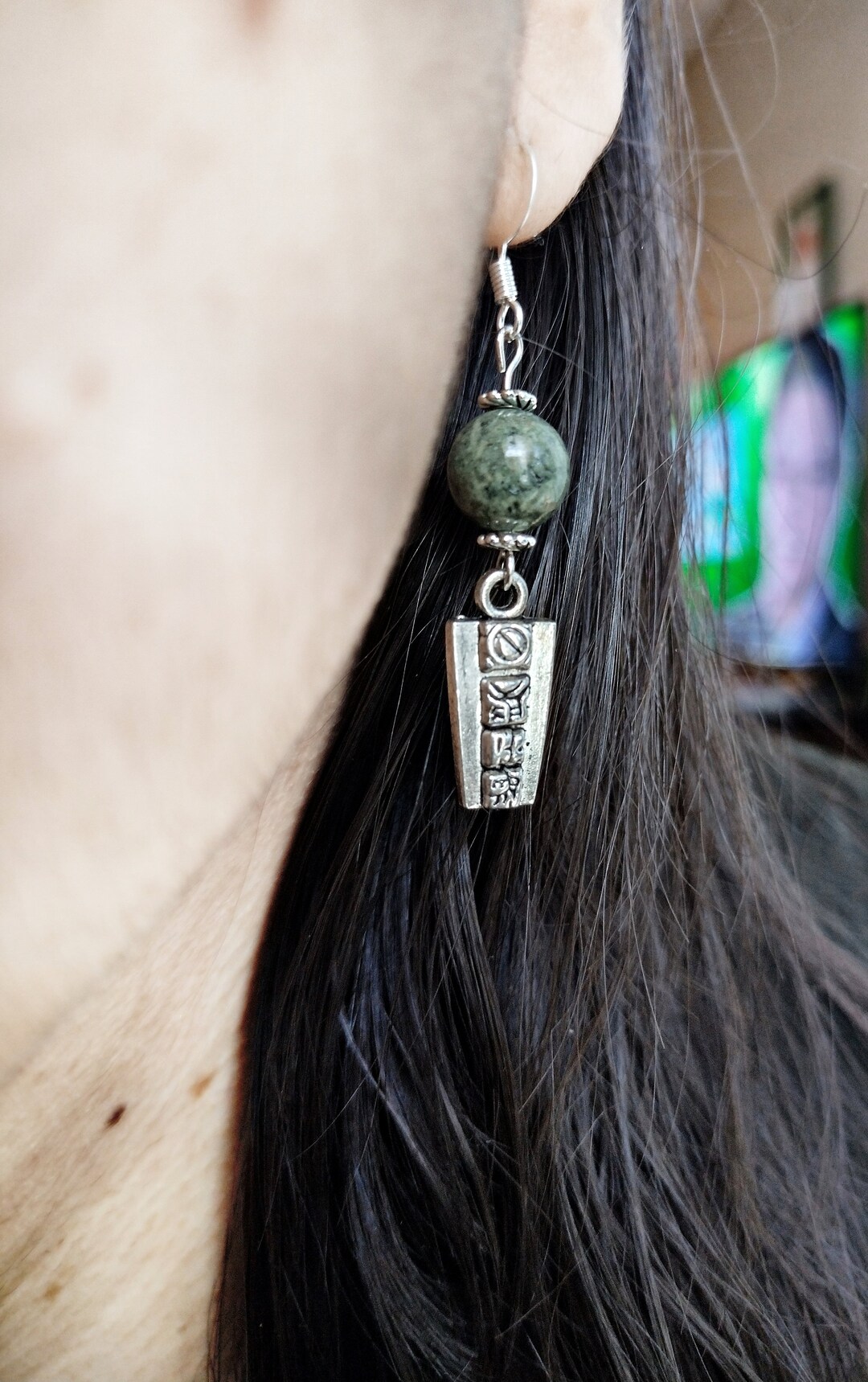 Mayan Jade Mexican Earring, Jade Earrings, Mayan Silver Green Jade