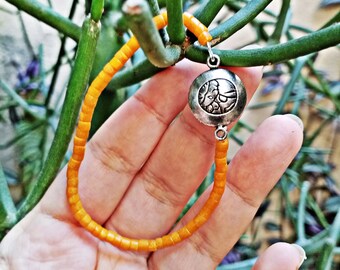 Orange Beads Mayan Bracelet, Orange Handmade Bracelet, Elastic Jewelry, Honduran Jewelry