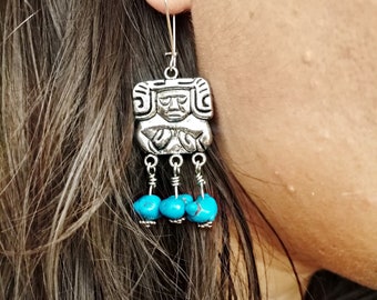 Blue Mayan Earrings with fossil beads, Mayan Silver Exotic Blue Earrings, Statement Jewelry for her, Honduran Mayan Jewelry, Guatemala Gift