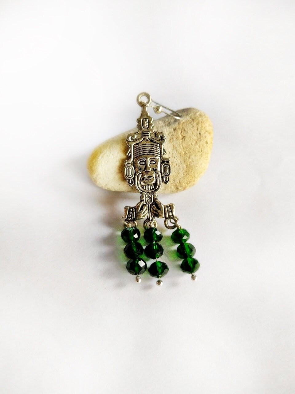 Mayan Jade Green Earrings, Mayan Idol Silver Earrings, Deep Green