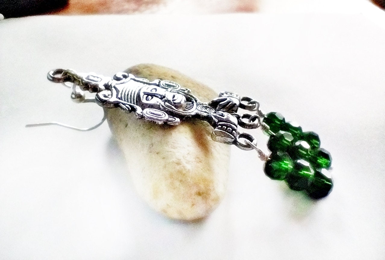 Mayan Jade Green Earrings, Mayan Idol Silver Earrings, Deep Green