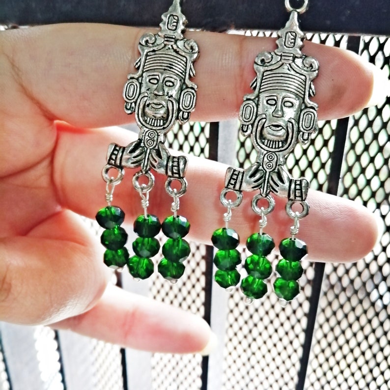 Mayan Jade Green Earrings, Mayan Idol Silver Earrings, Deep Green