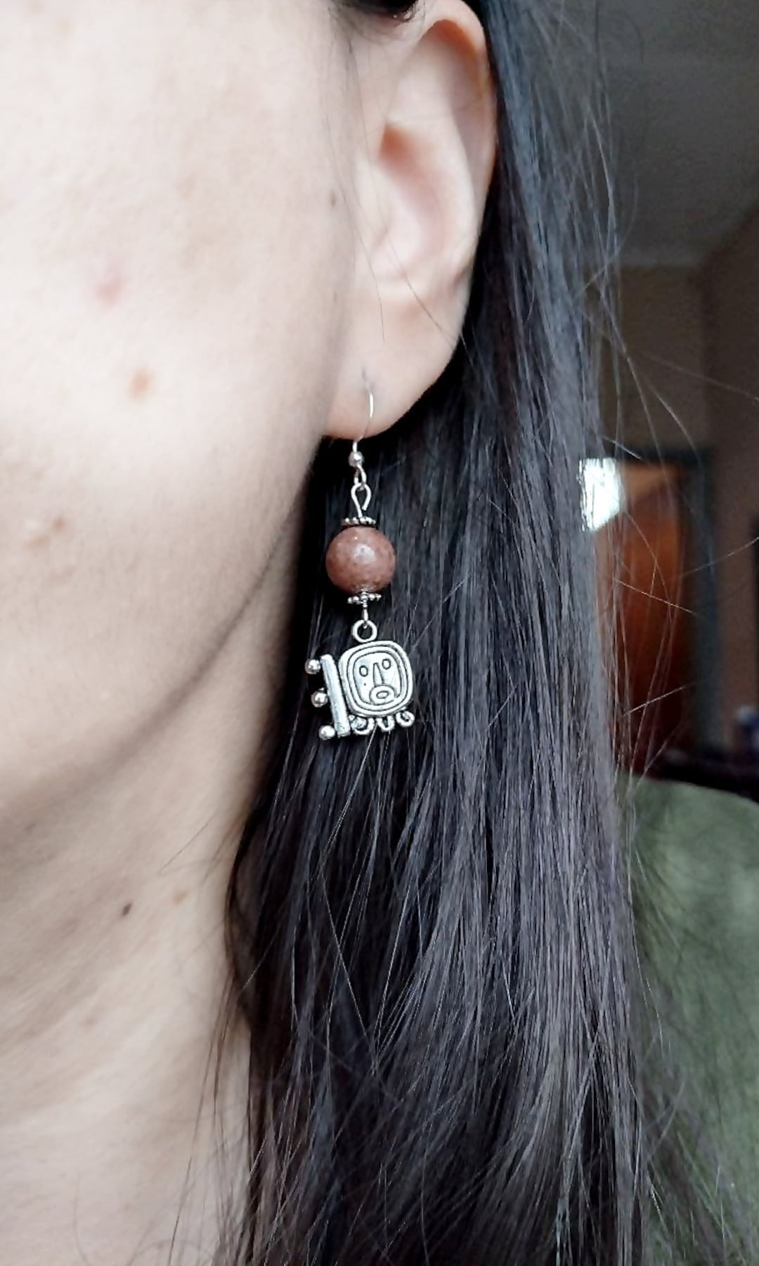 Mayan Jade Brown Mexican Earring, Jade Earrings, Silver Brown Jade