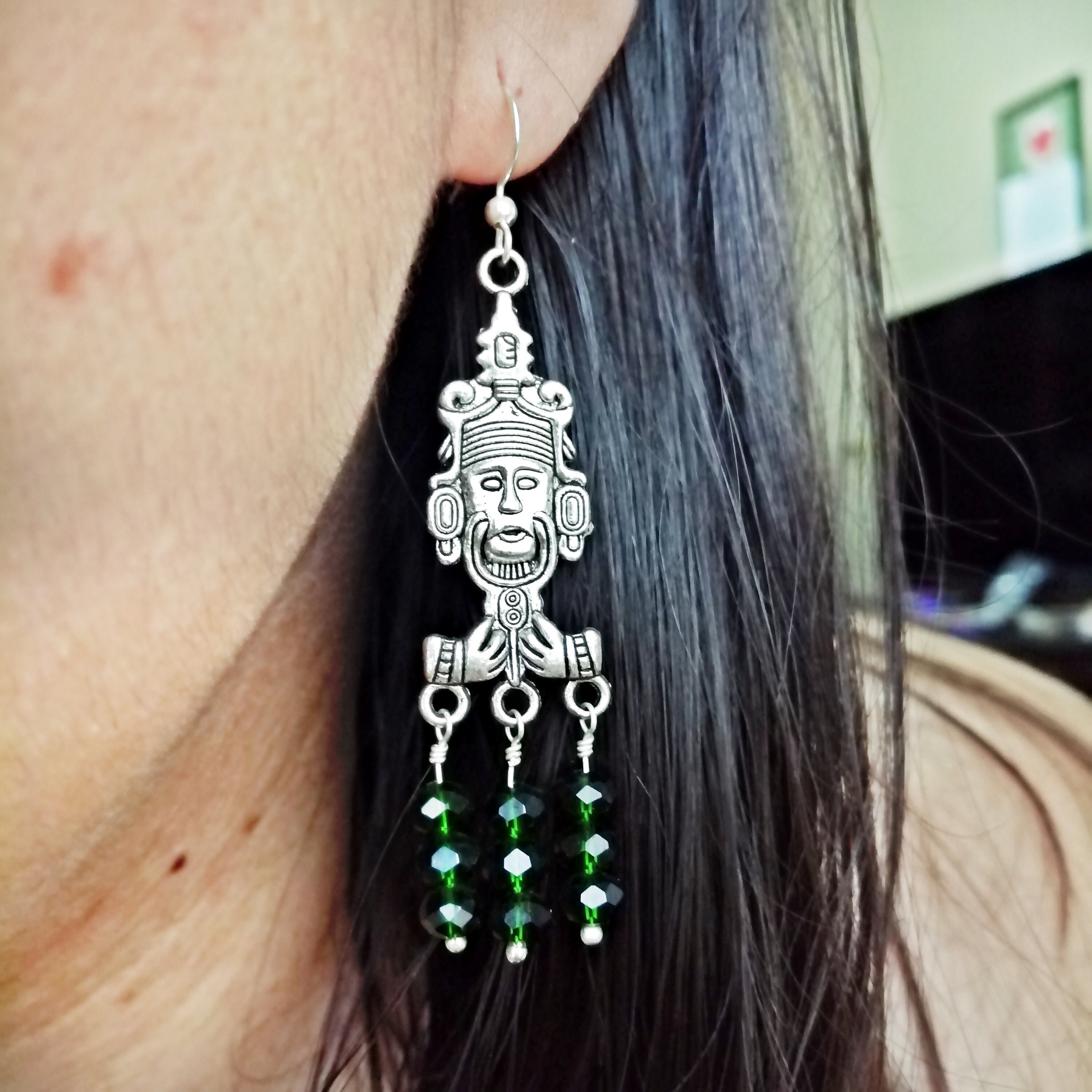 Mayan Jade Green Earrings, Mayan Idol Silver Earrings, Deep Green