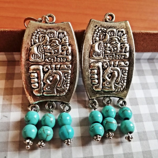 Aztec Silver blue beads Earrings, Tulum Jewelry, Earring Blanks, Statement Earrings, Mayan Earrings, Honduran Jewelry for her, Mayan gift